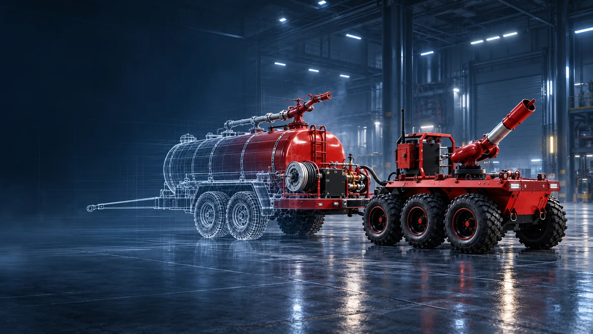 Visualisation of a firefighting trailer and robotic towing platform in an industrial workshop, combining technical linework with a rendered view of the equipment.