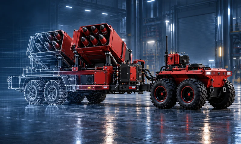 Візуалізація INTERCEPTOR-12: функціональне обладнання на причіпній платформі у виробничому цеху.