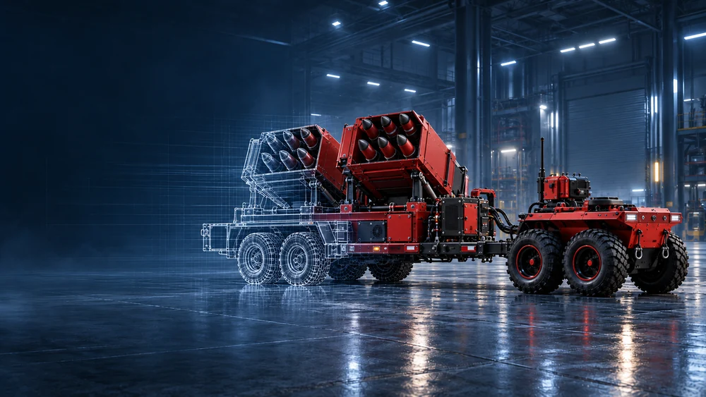 INTERCEPTOR-12 visualisation: functional equipment on a trailer platform in a workshop.