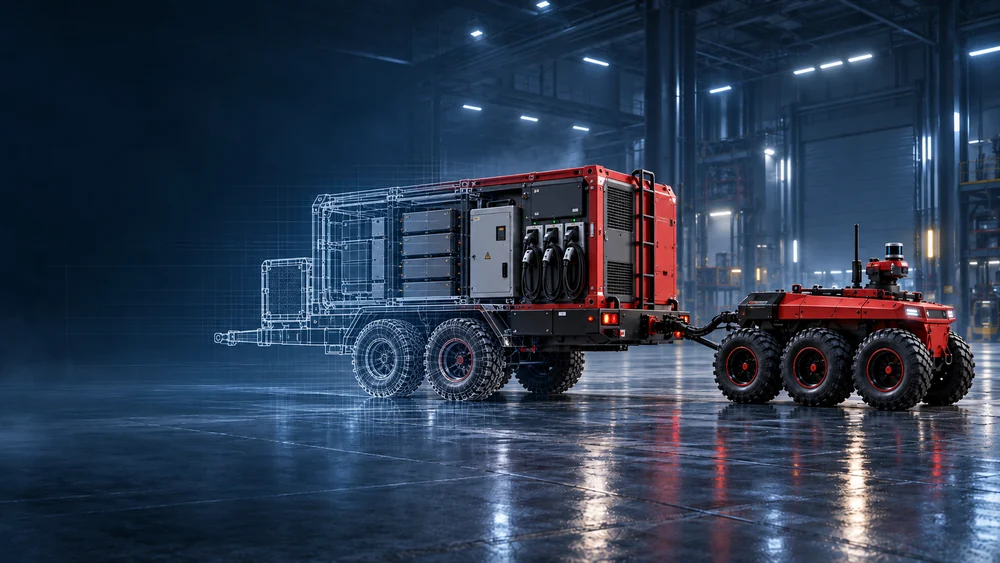 POWERHUB visualisation: functional equipment on a trailer platform in a workshop.