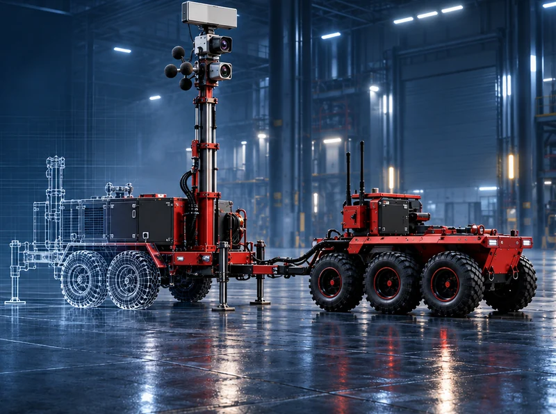 WATCHTOWER visualisation: functional equipment on a trailer platform in a workshop.