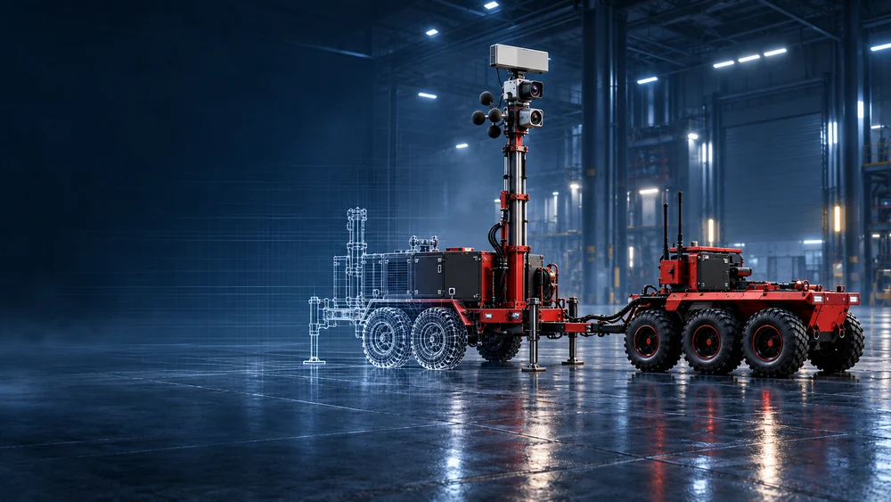 WATCHTOWER visualisation: functional equipment on a trailer platform in a workshop.