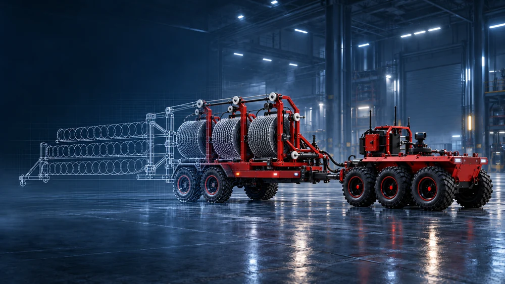 WIGGLER visualisation: functional equipment on a trailer platform in a workshop.